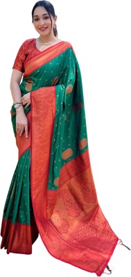 Elite Weaves Woven Kanjivaram Silk Blend Saree(Green)