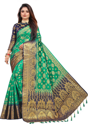 ANGOORI TEXTILES Woven Banarasi Cotton Silk Saree(Green)