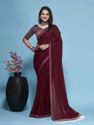 Gold Art Fashion Embroidered Bollywood Chiffon Saree(Maroon)