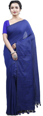 PuJoy Solid/Plain Handloom Cotton Blend Saree(Dark Blue)