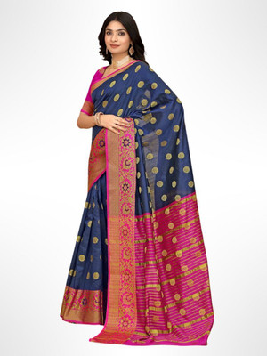 Pari Prints Woven Banarasi Cotton Silk Saree(Dark Blue)