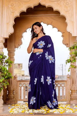 GLOWMOROUS Floral Print Handloom Pure Cotton Saree(Dark Blue)
