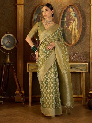 Tasrika Woven, Self Design Banarasi Tissue, Silk Blend Saree(Dark Green)