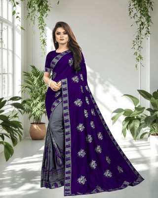 SHOBHTESH Embroidered Venkatagiri Silk Blend, Net Saree(Blue, Grey)
