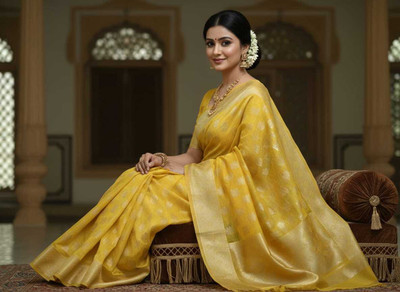 baba creation Woven Banarasi Art Silk Saree(Yellow, Orange, Blue, Light Green)