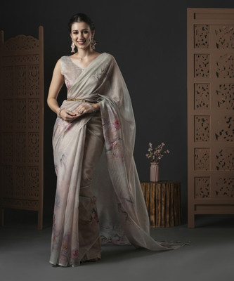Sareemall Floral Print Bollywood Organza Saree(Beige)