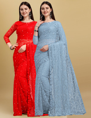 LOROFY Self Design Bollywood Net Saree(Pack of 2, Multicolor)