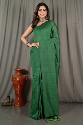 BRYNBRIT Embellished Handloom Cotton Blend Saree(Green)