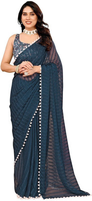 RAJESHWAR FASHION Woven, Striped, Dyed Bollywood Georgette Saree(Dark Blue)