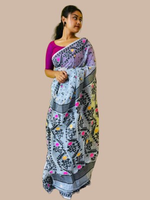 cloud vastra Woven Jamdani Cotton Blend Saree(Grey)