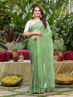 Bansidhar Fabrics Embroidered Daily Wear Chiffon Saree(Light Green)