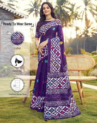 SIRIL Geometric Print, Printed Hand Batik Cotton Blend Saree(Purple, White)