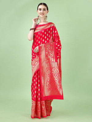 VIBHAGYAA Woven, Self Design Kanjivaram Pure Silk, Jacquard Saree(Red)