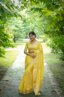 PeachPetals Self Design, Striped Banarasi Cotton Blend Saree(Yellow)