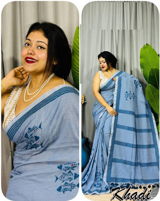 JONAKI Blocked Printed, Hand Painted Handloom Mulmul, Khadi Saree(Grey)