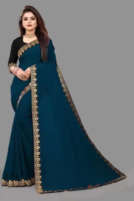 Jevlan Solid/Plain Bollywood Georgette Saree(Dark Blue)