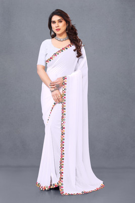 Herink Fashion Solid/Plain Bollywood Georgette Saree(White)