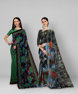 kashvi sarees Printed Daily Wear Georgette Saree(Pack of 2, Green, Black)