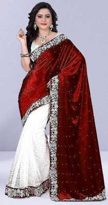 GUNHILD Self Design, Solid/Plain Banarasi Velvet, Brasso Saree(Maroon, White)