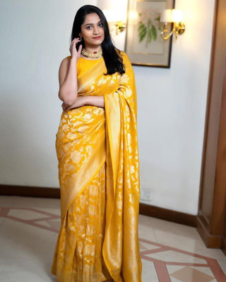 hitesh pahuja Woven Banarasi Cotton Silk Saree(Yellow)