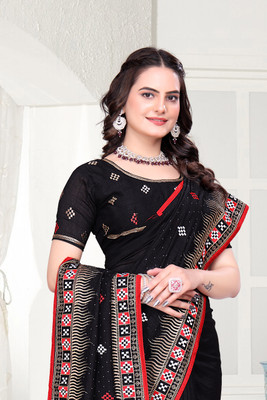 Mikhushop Embroidered Bollywood Silk Blend Saree(Black)