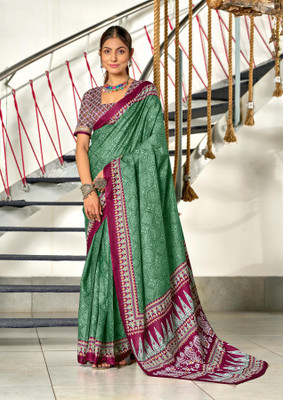 Divastri Blocked Printed, Printed Chanderi Cotton Blend Saree(Green)