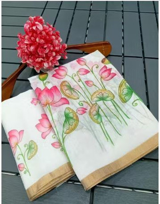 POOJA DIGI TEX Floral Print, Printed Assam Silk Cotton Linen Saree(White)