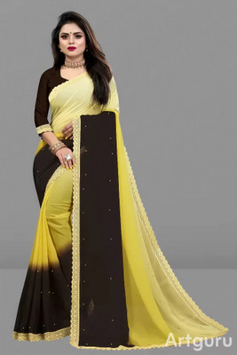 WOM BAB Embellished, Solid/Plain Bollywood Georgette Saree(Yellow, Brown)