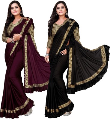 DECOFIN Woven, Solid/Plain Bollywood Lycra Blend Saree(Pack of 2, Magenta, Black)