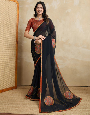 Samah Printed, Embellished Bollywood Georgette Saree(Black)