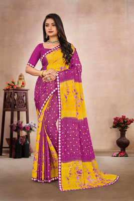 Laxmipati sarees Printed Saree with Attached Blouse Chiffon Saree(Purple, Yellow)
