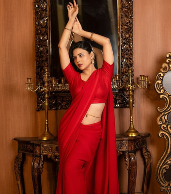 Moda Rapido Solid/Plain, Dyed Bollywood Georgette Saree(Red)
