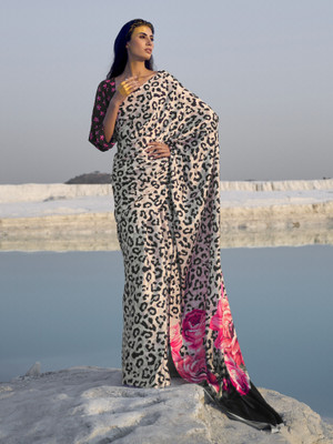 Ratnavati Printed Bollywood Crepe Saree(Cream)
