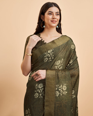 Divastri Digital Print Handloom Silk Blend Saree(Green)