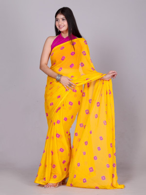 RGF Printed, Self Design, Hand Painted, Color Block Handloom Chiffon, Georgette Saree(Yellow)