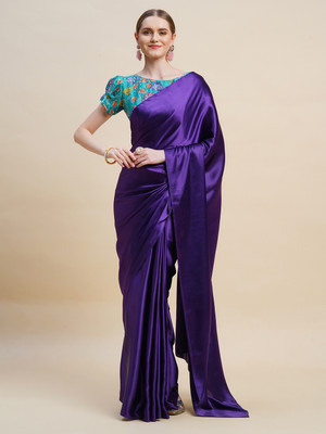 BAPS Solid/Plain Kalamkari Satin Saree(Purple)