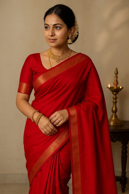 Montauk Fabians Solid/Plain Handloom Cotton Silk Saree(Maroon)