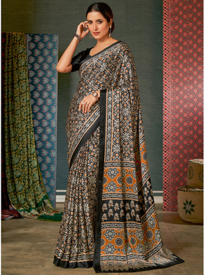 Tasrika Digital Print Hand Batik Crepe Saree(Black)