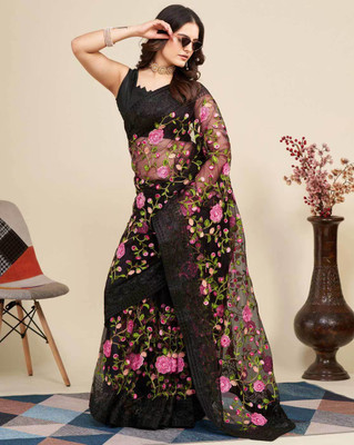 Celeb Styles Embroidered Bollywood Net Saree(Black)