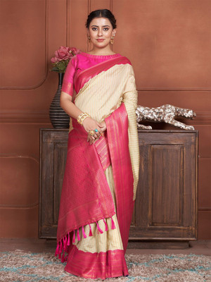 ANOUK Woven Chanderi Silk Blend Saree(Beige)