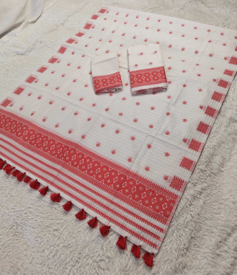 Skiran's Printed Mekhela Chador Cotton Blend Saree(White)