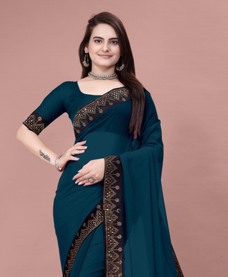 Dharam Creation Solid/Plain Bollywood Georgette Saree(Light Blue)