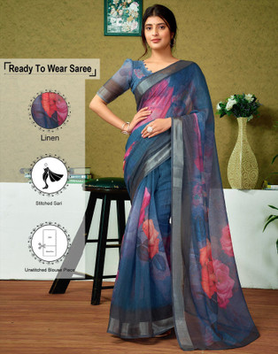 Samah Printed Bollywood Linen Saree(Multicolor, Blue)