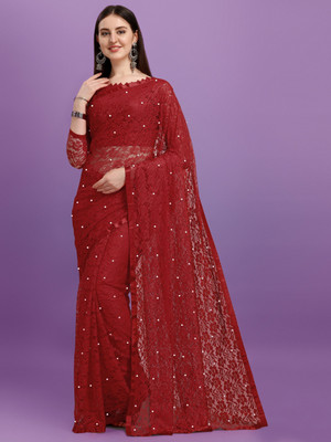LOROFY Self Design Bollywood Net, Jacquard Saree(Maroon)