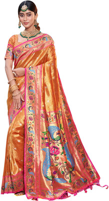 AARVI FASHION Woven Daily Wear Silk Blend Saree(Orange)