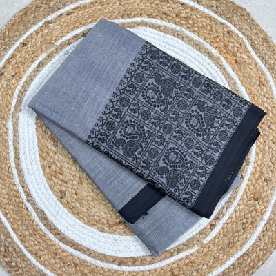 PK TRENDY COLLECTIONS Solid/Plain, Woven, Self Design Chettinadu Handloom Pure Cotton Saree(Grey)