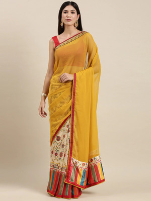 MEETVIN COUTURE Floral Print Daily Wear Georgette, Chiffon Saree(Yellow)