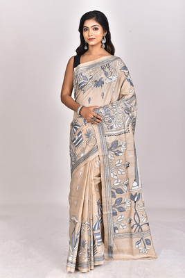 Ramshyam Collection Woven Kantha Pure Silk Saree(Cream)