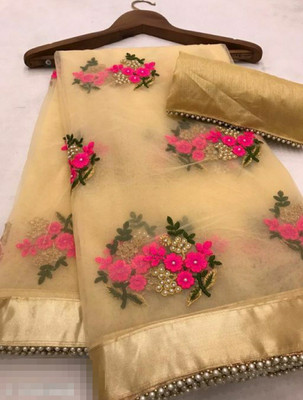 vallavi fashion Embroidered Bollywood Net Saree(Gold)