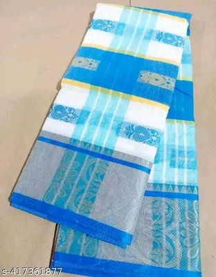 Sthaker Self Design Tant Pure Cotton Saree(Light Blue)